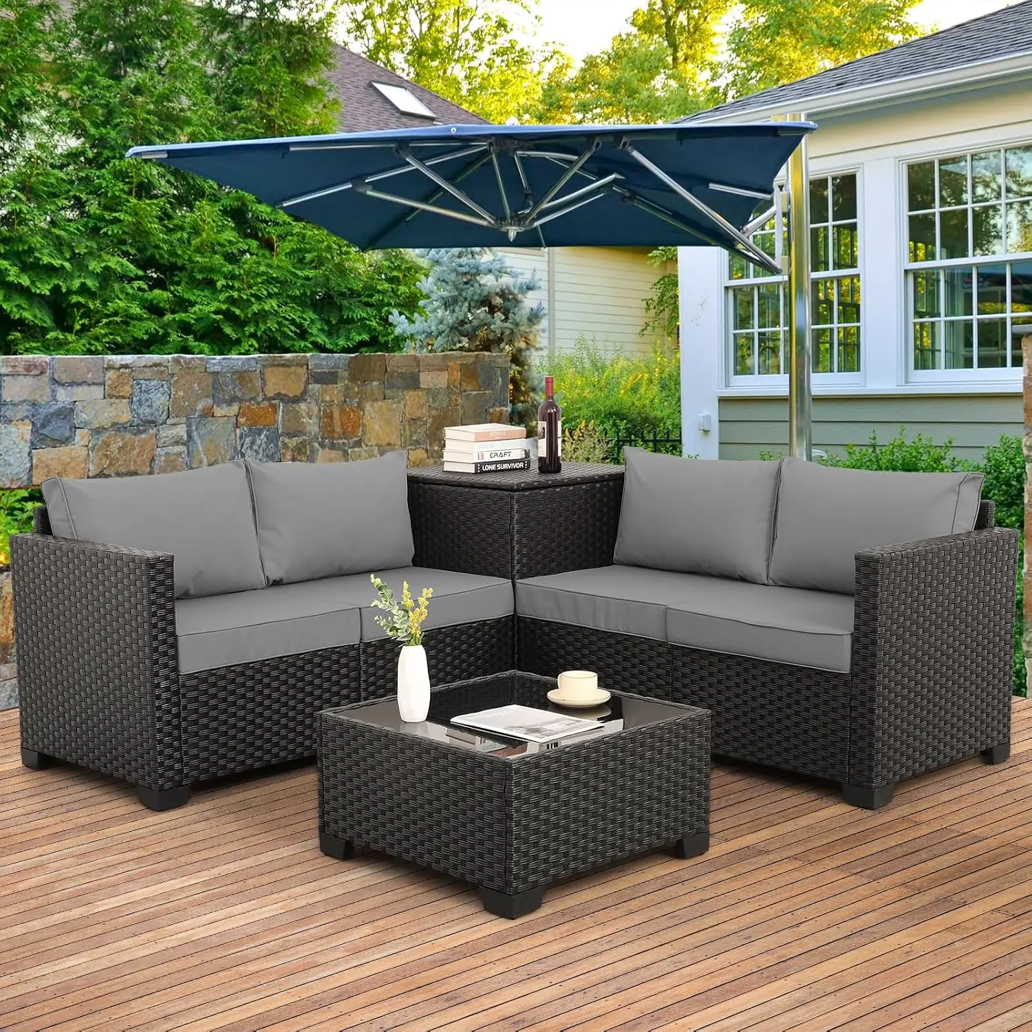 Black Outdoor Sofa Loveseat Set With Storage Box Glass Top Table Grey Cushion, Customized