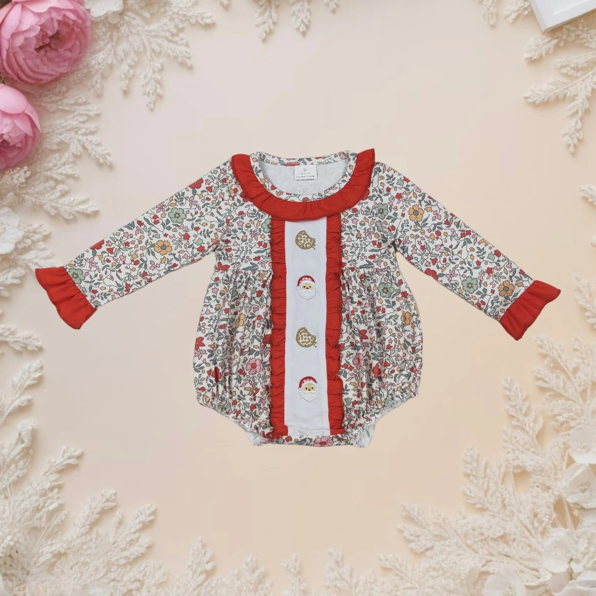 

Hot Sale Baby Girl Christmas Romper Long Sleeve Floral Santa Cake Ruffle Bodysuit Infant Toddler Newborn Kids Party Holiday Wear