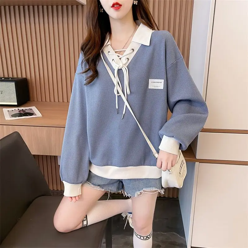 Fashion V-Neck Spliced Lace Up Bow Casual Sweatshirts Female Clothing 2024 Autumn New Loose All-match Tops Korean Sweatshirts