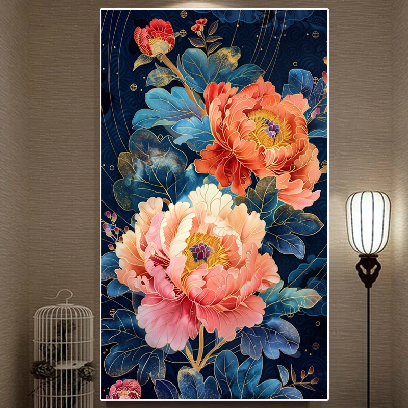 

Modern Simple Cross Stitch Kit Peony Flower Thematic Chinese Sle Vertical Edition Blue And White Cotton Fabric Living Room