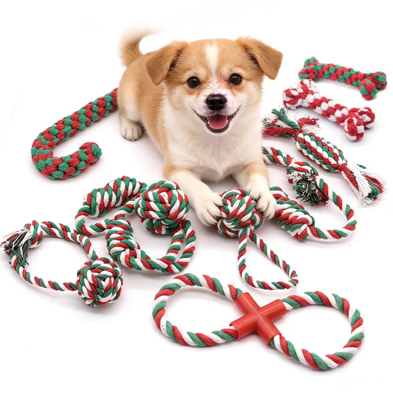 Weihnachtliches Interaktives Baumwollseil-Kauspielzeug für Hunde - Quietschender Knoten, Niedlicher Welpen-Molar-Kau-Stick, Haustier-Zubehör, Lustiges Beißspielzeug