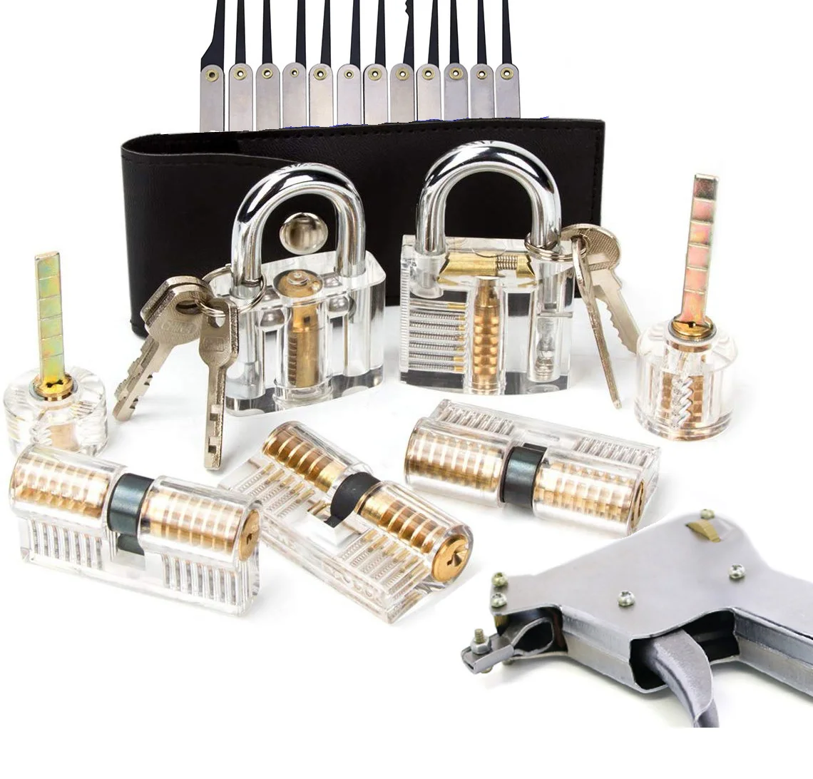 7pcs Transparent Lock with Lock gun,12pcs Stainless Steel Lockpick Tools,Locksmith Enthusiast and Beginner Practice Kit ,
