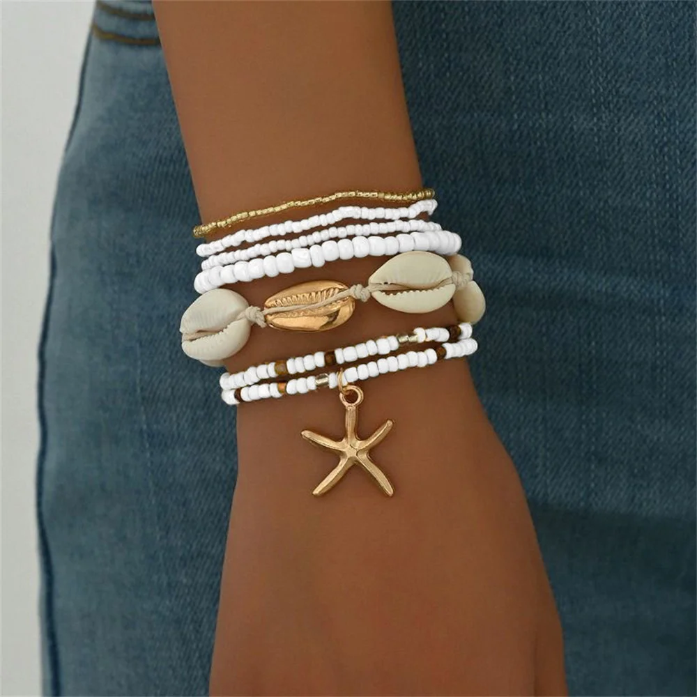 7pcs/set Bohemian Holiday Wind Shell Beaded Woven Bracelet Starfish Rice Beads Women's Bracelet Set Beach Party Seaside Holiday