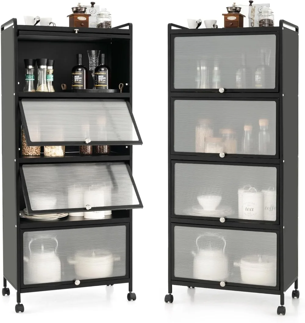 Giantex Gabinete de almacenamiento de cocina de 5 niveles, soporte móvil para microondas con puertas abatibles para PC, estante independiente para panaderos de cocina con 4