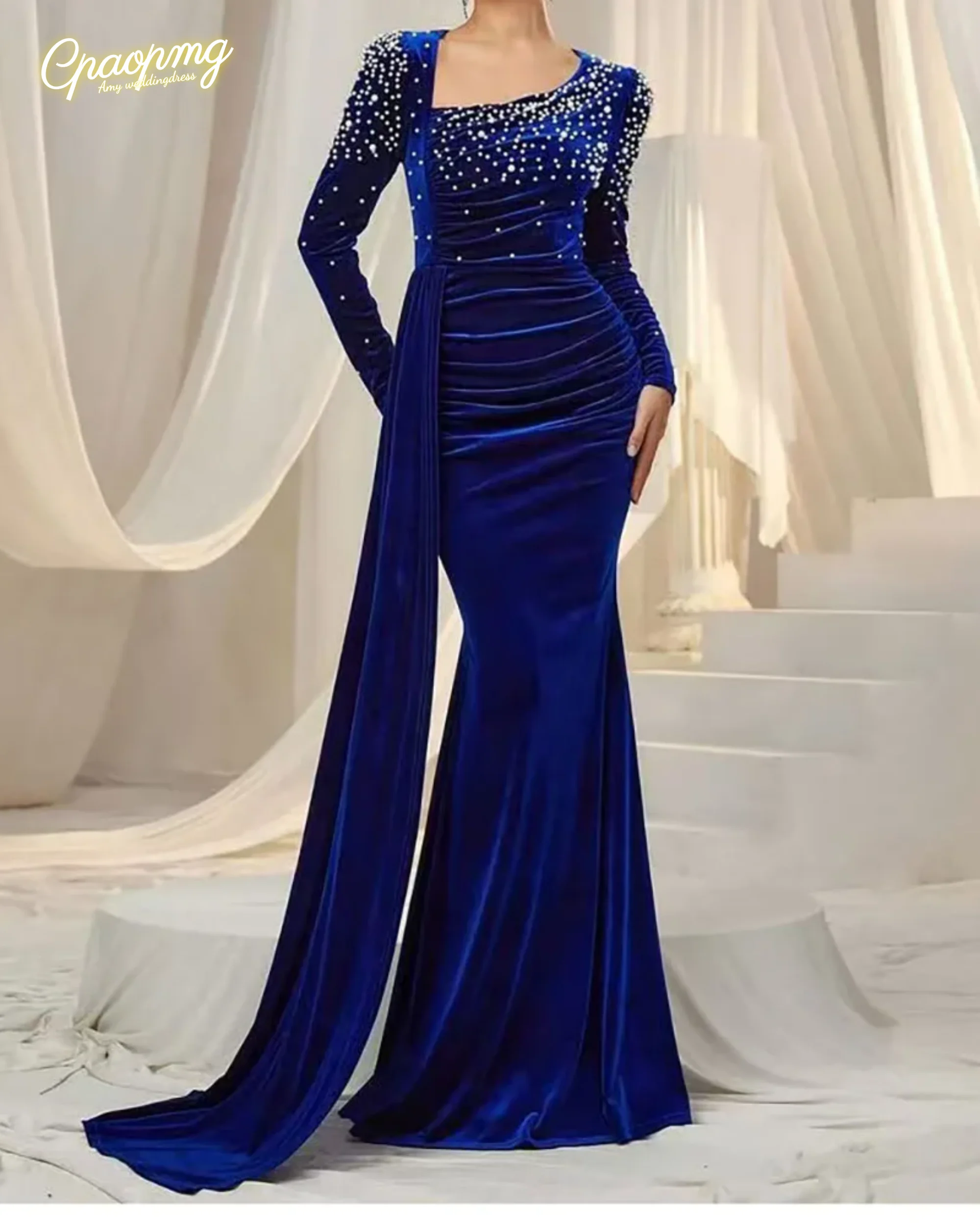 

Customized Blue Velvet Evening Dresses Luxury Crystal Square Color Floor Length Sweep Train Prom Gowns Pretty Women Party Dress