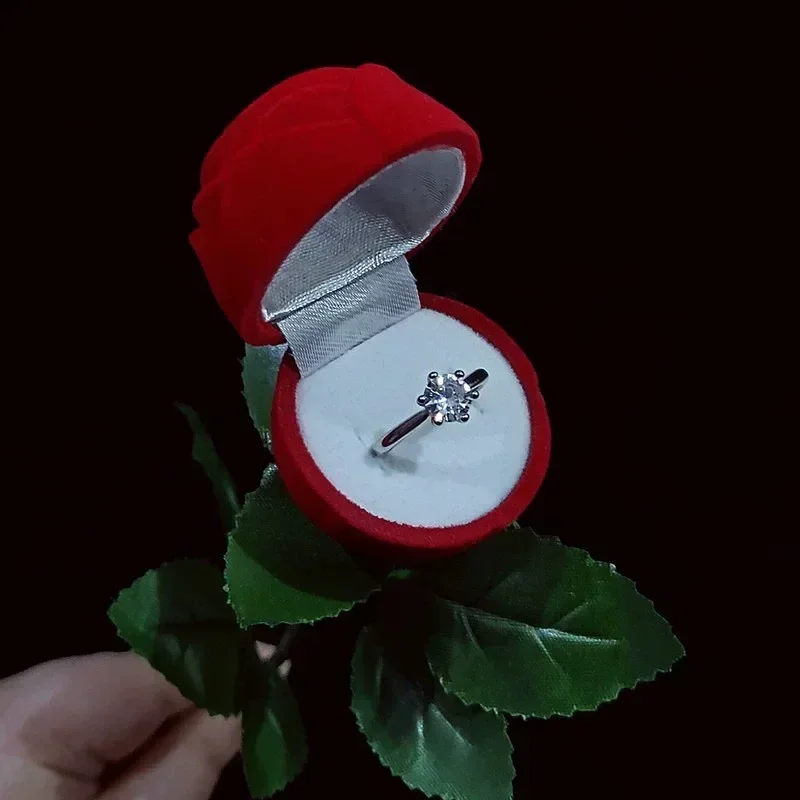 1-5pcs Red Rose Ring Boxes Velvet Flower Jewelry Display Holder Bridal Wedding Romantic Heart Flocking Storage Case
