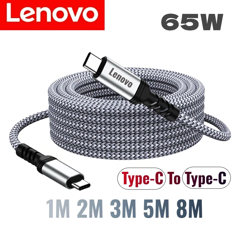 Lenovo 65W Type C To Type C Fast Charge Cable 1M 2M 3M 5M 8M Universal Extended Nylon Braided PD Data Cord for  Xiaomi Samsung