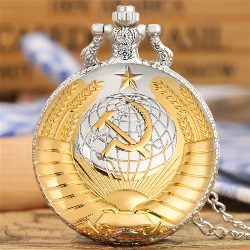 Silver CCCP Russia Emblem Communism Soviet Style Arabic Number Quartz Pocket Watch Necklace Pendant Chain Clock Gifts Timepiece