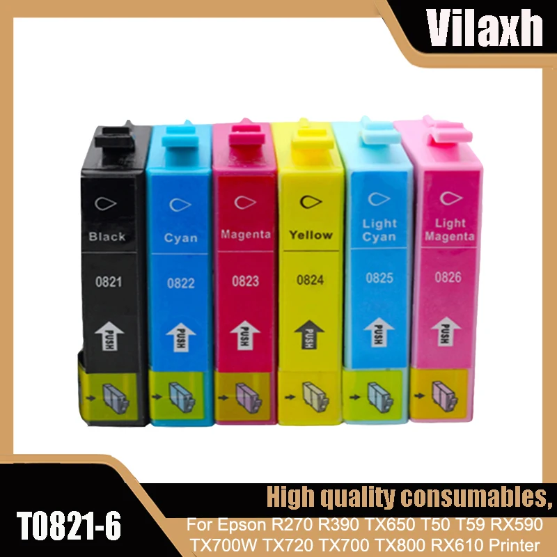 Vilaxh 6x Compatible T0821 - T0826 Ink Cartridge For Epson R270 R390 TX650 T50 T59 RX590 TX700W TX720 TX700 TX800 RX610 Printer