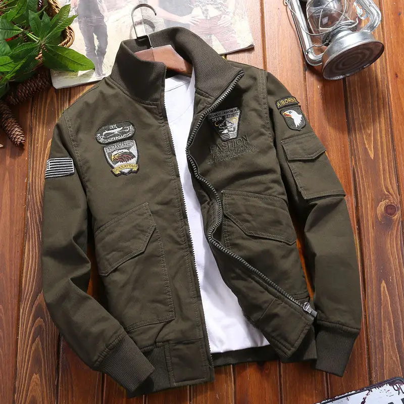 

2024 Stand Collar Jacket Men Autumn Spring Cargo Cotton Coat Plus Size Embroidery Airplane Cargo Jackets Male Jaqueta Masculina