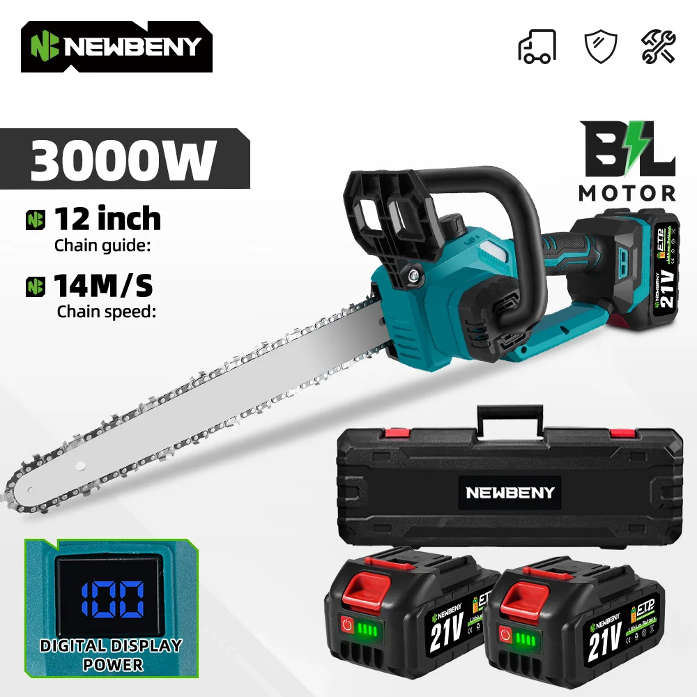 NEWBENY 12-calowa akumulatorowa pilarka elektryczna bezszczotkowa 3000W do drewna, pilarka łańcuchowa do cięcia drewna, narzędzie elektryczne do akumulatorów 21V 18V