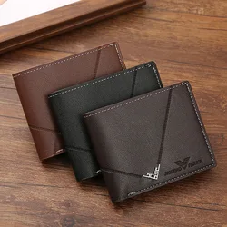 Lychee Texture PU Leather Men's Wallet Short Cash Purse Multi Card Slot Patchwork Card Holder Horizontal Money Clip