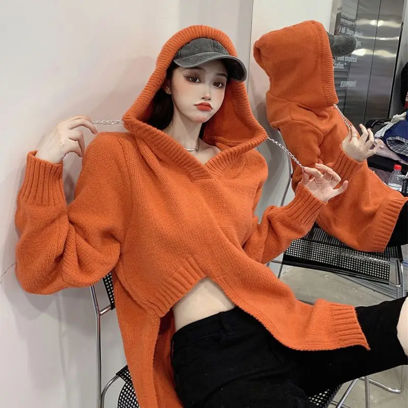 

Hooded Sweater Jacket for Women in Autumn and Winter Loose Mid-length Knitted Sweater with Slit Design Top