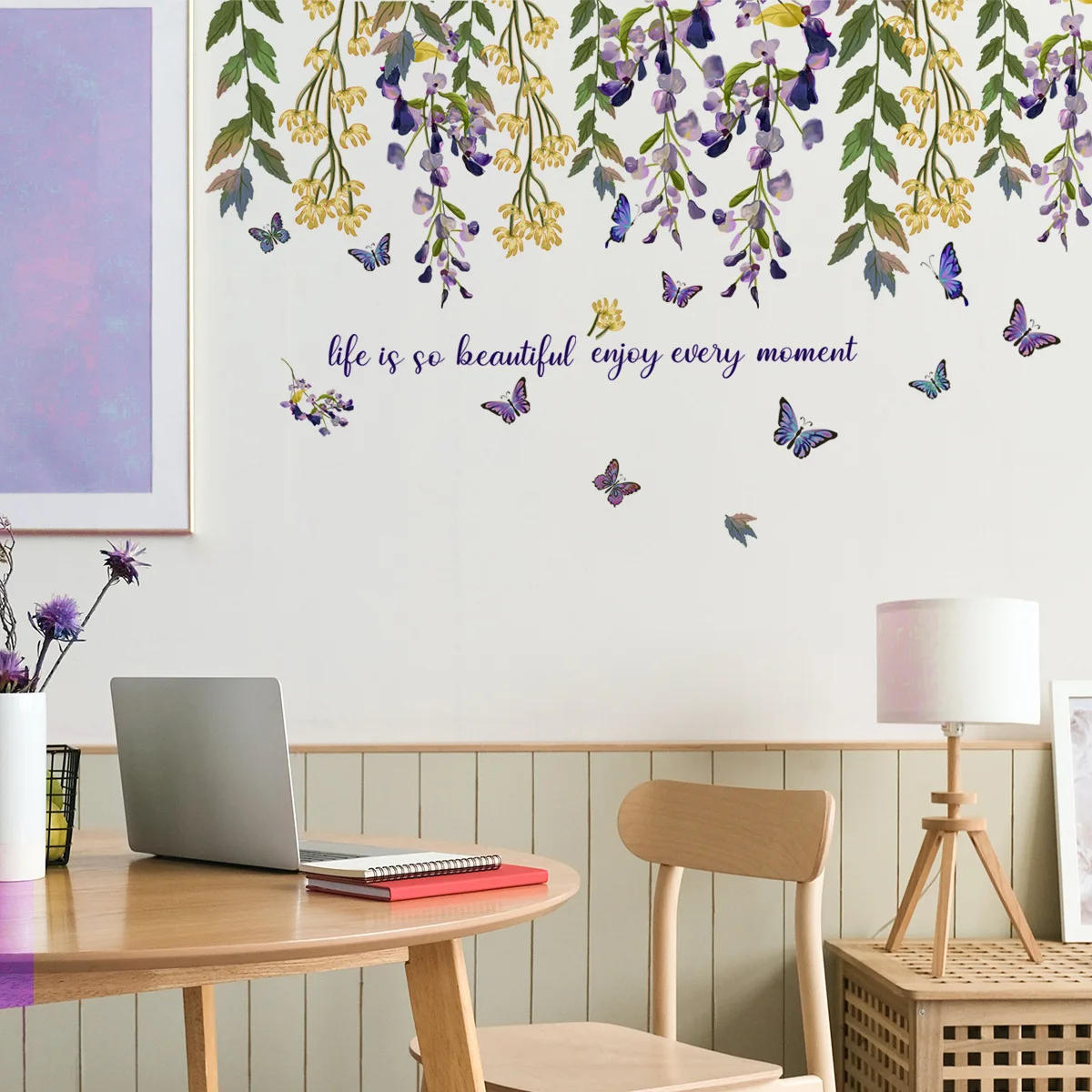 2pcs Purple Flower Leaves English Wall Sticker Backwall Living Room Decorative Wall Sticker Self-adhesive Plant Wall Sticker