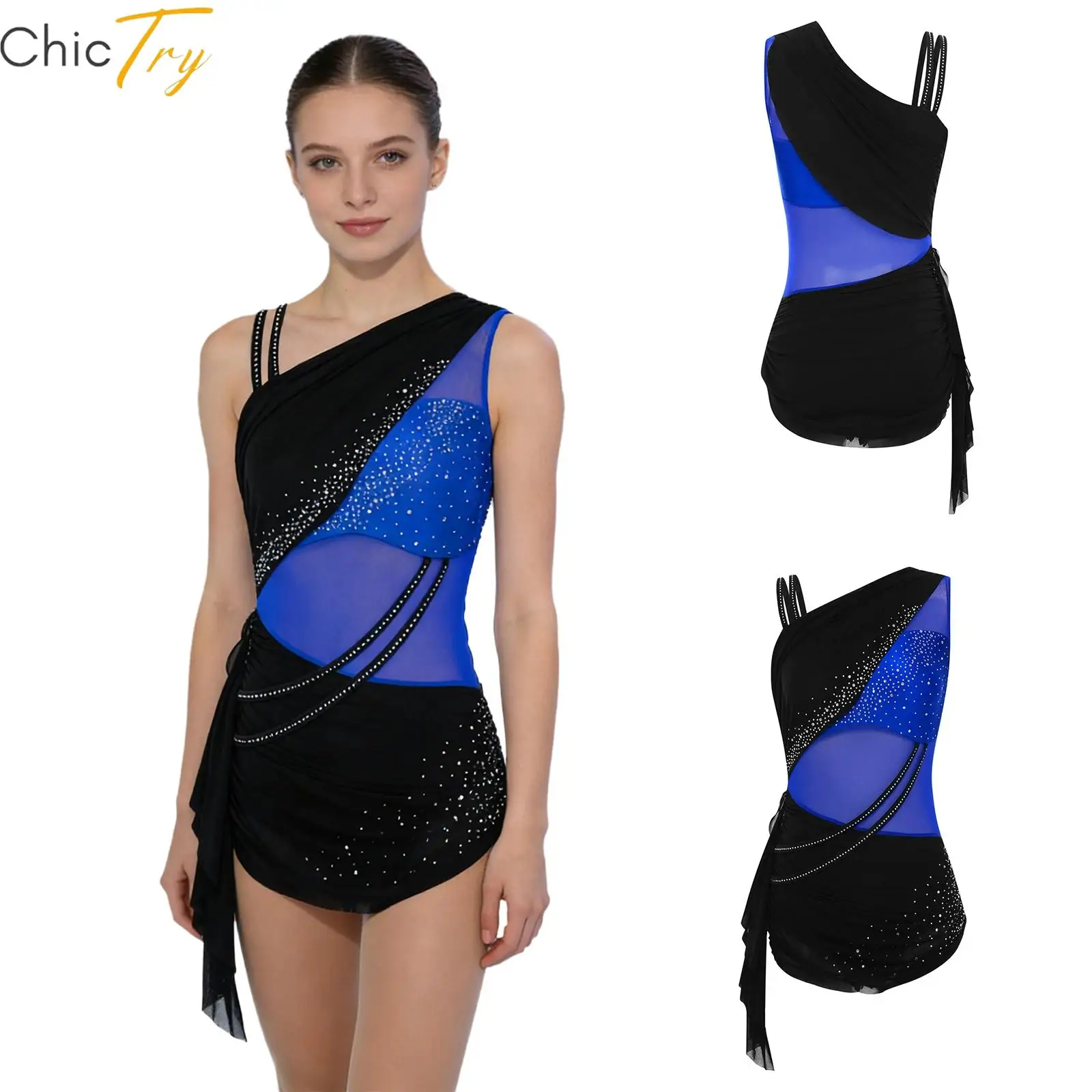 

Купальник для фигурного катания с асимметричными плечами, стразами, драпировкой и юбкой, комбинезон с пуговицами на промежности для женщин, для гимнастики