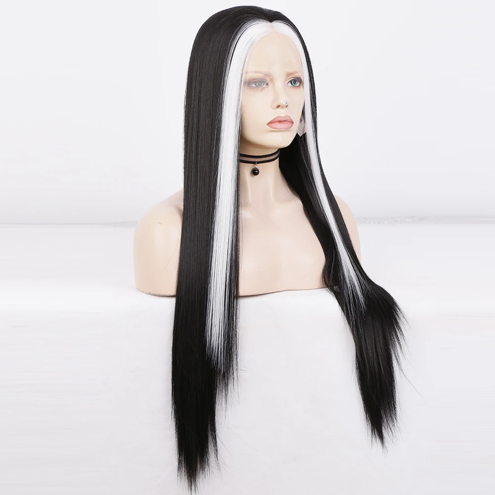 Karisma Wig sintetis renda depan Wig hitam Wig Frontal putih sorot renda Wig untuk wanita Wig bagian tengah lurus panjang halus