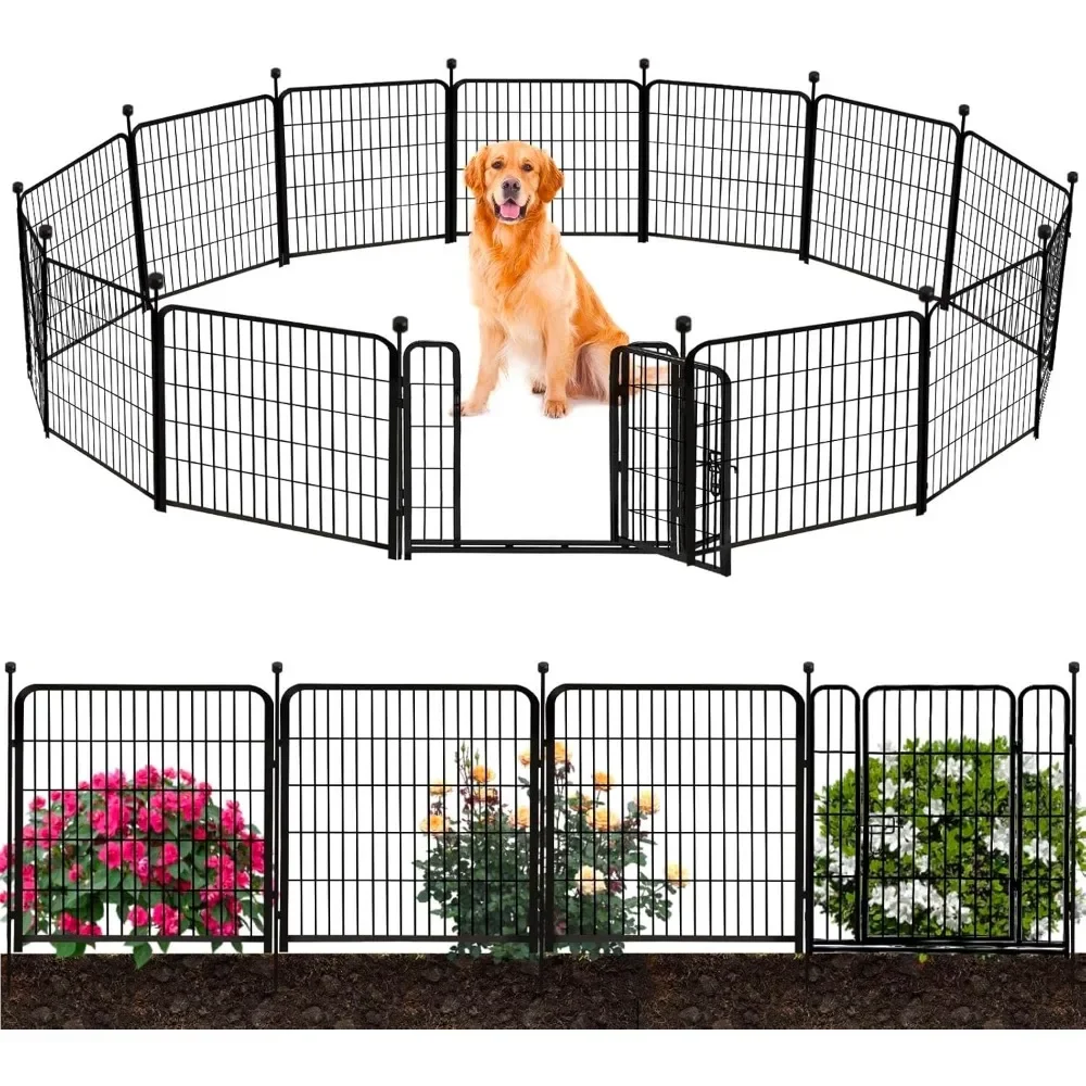 

Tall Garden Fence Border with gate, 48 in(H) 12 Panels Total 26.6 Ft(L), Wide Door Low Threshold Fences, Black Iron Metal