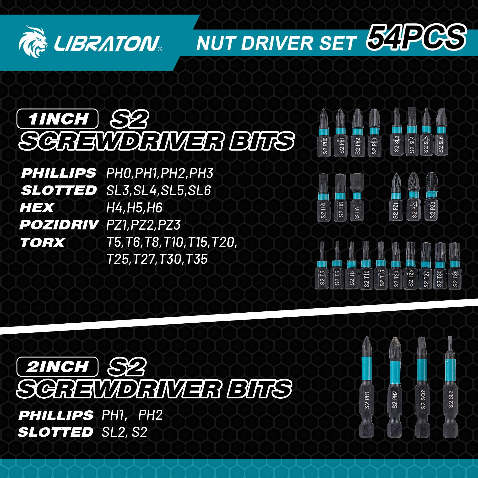 Imagem -04 - Conjunto de Drivers de Porca Magnética Libraton 54 Peças Drivers de Porca Métricos e Sae para Furadeira de Impacto Broca de Impacto Adaptadores de Soquete