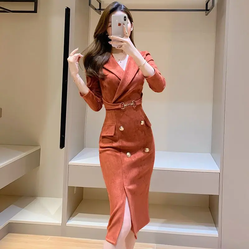 

2023 Autumn New Women High-End Suit Collar Long Dress Female Temperament Slim Package Hip Skirt Fashion Casual Solid Color Skirt