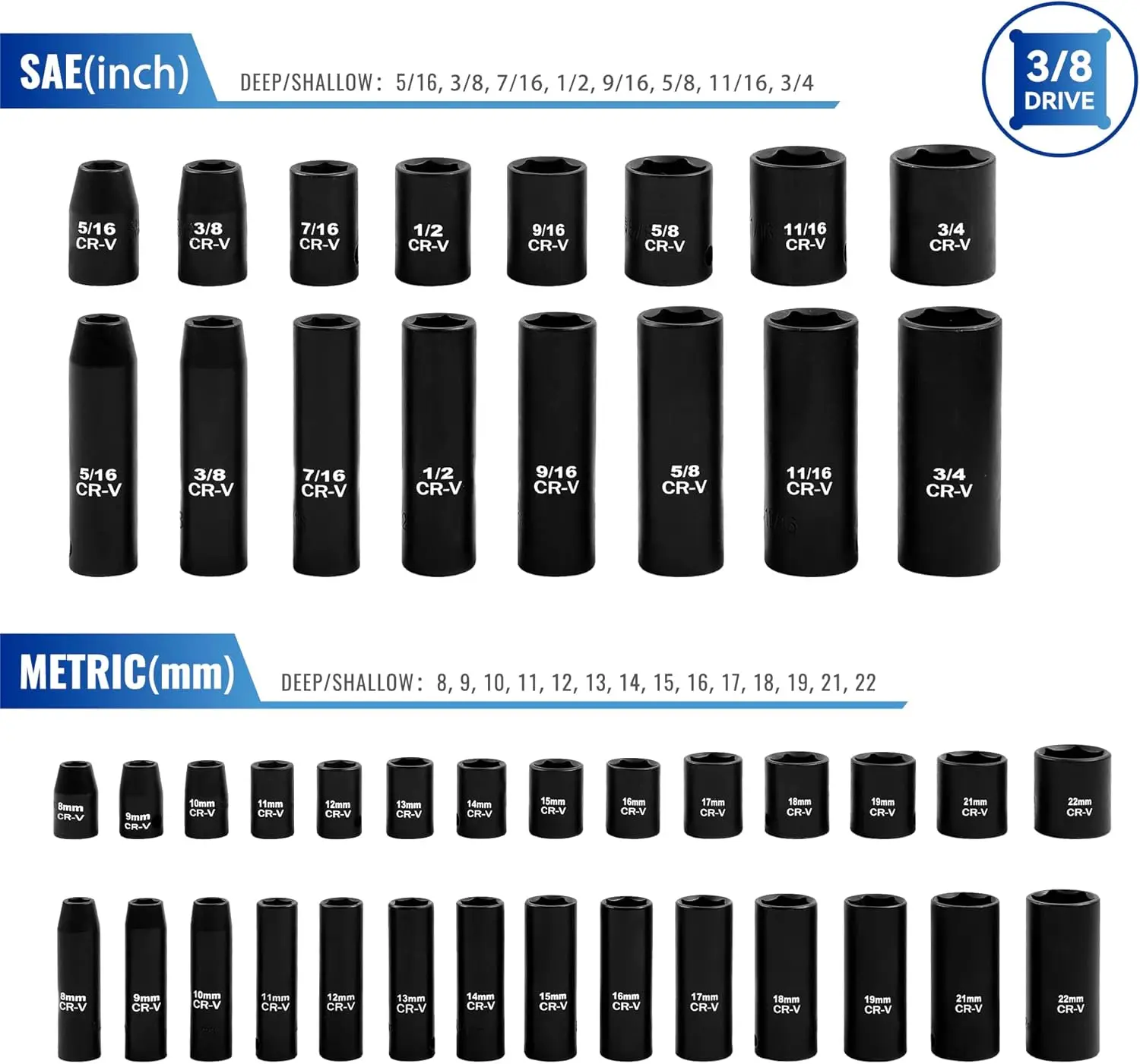 Juego de casquillos de accionamiento de 50 piezas de 3/8", SAE (5/16"-3/4") y métrico (8 mm-22 mm), de profundidad y poco profunda, llave de trinquete de 72 dientes, 1/2" F a 3/8" M