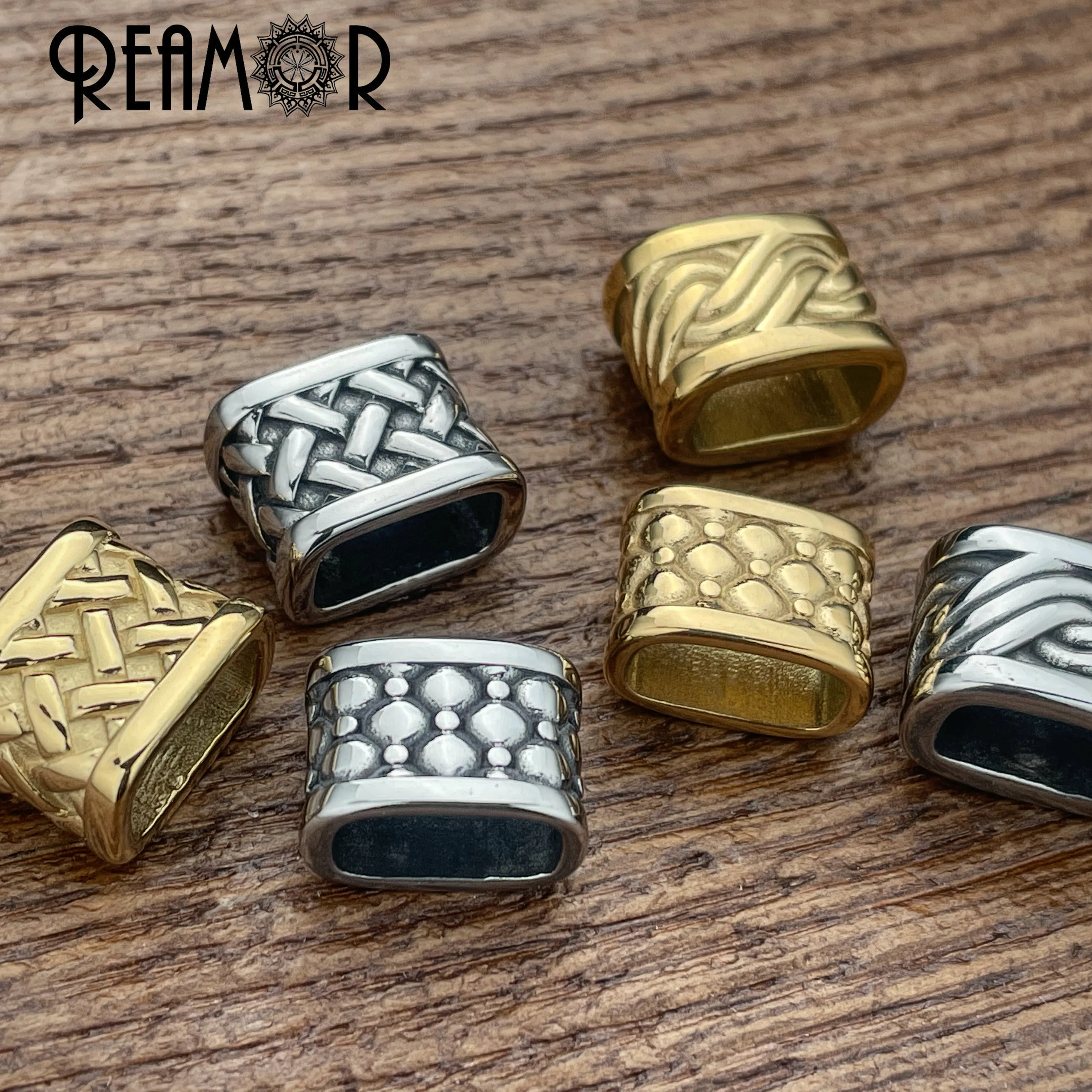 REAMOR 3pcs Gold Color Stainless Steel Geometry Weave Texture Beads 12x6mm Square Hole Punk Bead Fit Jewelry Making Accessories