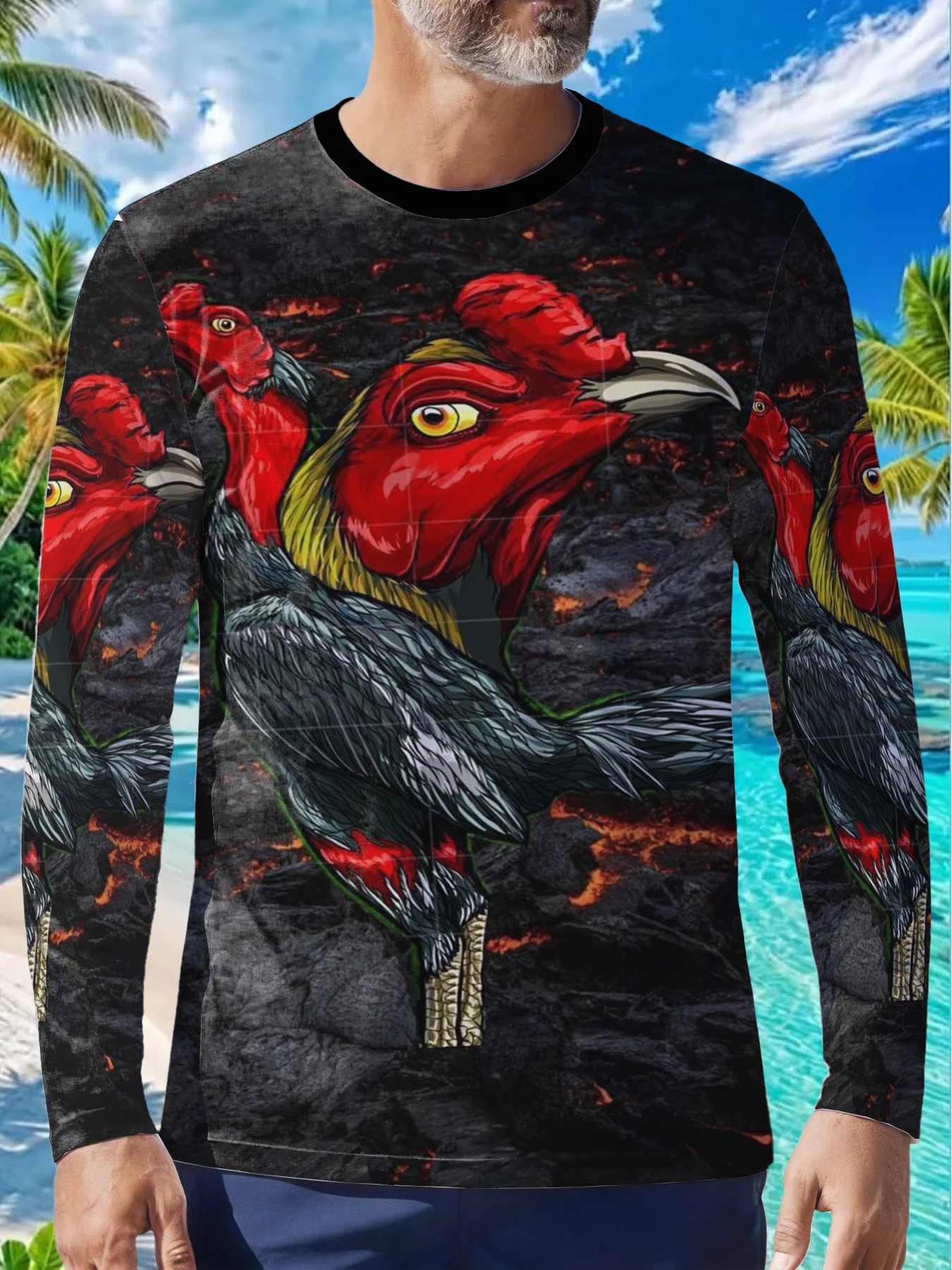Rooster Fighting Cock Fierce Bird Mens Polyester Long Sleeve T Shirt Two Headed Rooster Print Graphic Tee Cool Lava Background C