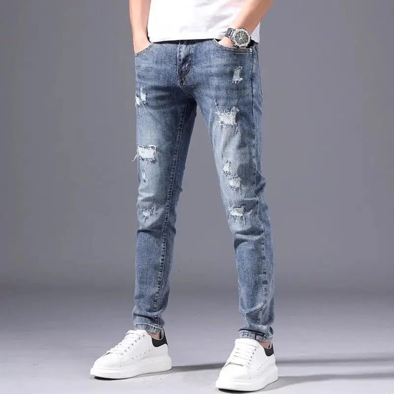 

Korean Luxury Clothing High-end Ripped 2025 New Jeans Men's Smoke Gray Slim Small Feet Elastic Beggar Spring Summer Men's Pants