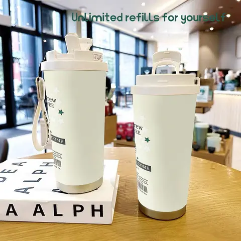 18oz beige travel thermos cup.Beautiful,great heat/cold insulation.Holds coffee,juice,chilled drinks.Fits indoor/outdoor