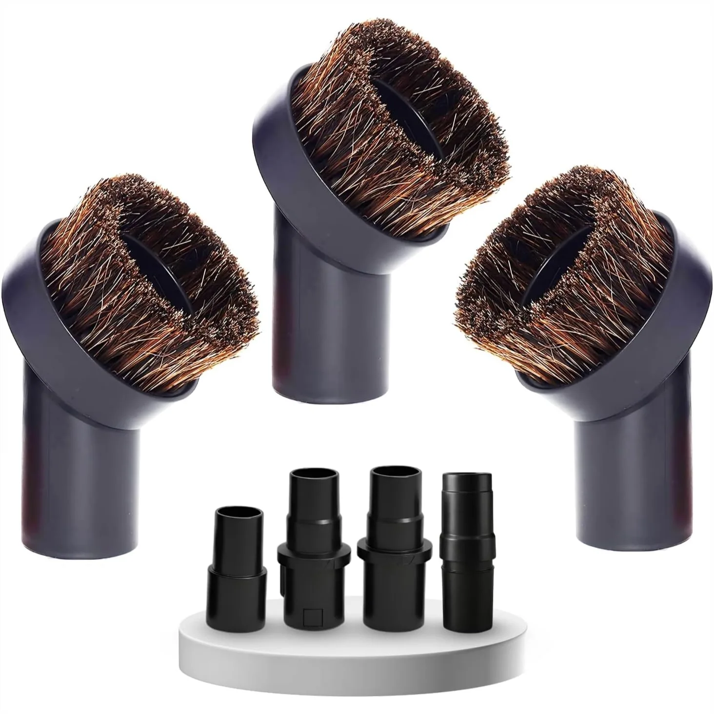 

3 Pack 1.25 Inch Horsehair Soft Vacuum Brush Attachment with Adapters for Small Shop Vacs, Central Vacs, Furniture & Car