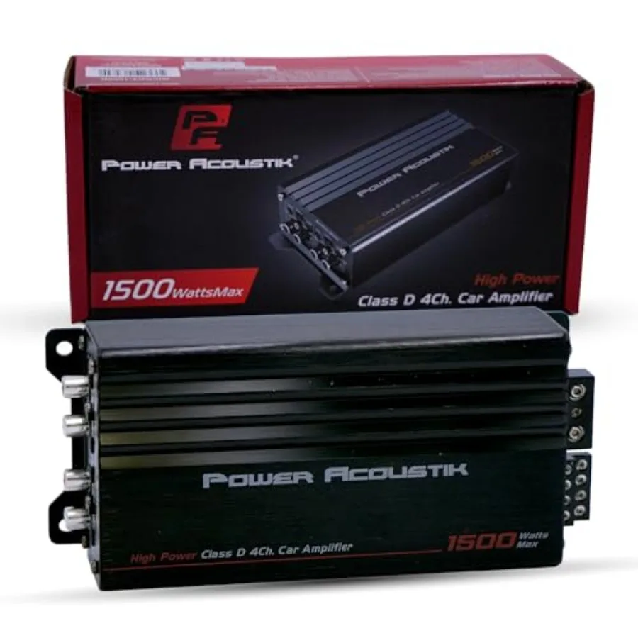 

Car audio amplifier for full-range systems: compact 4-channel Class D, 1500W max, black metal chassis, high power density for t