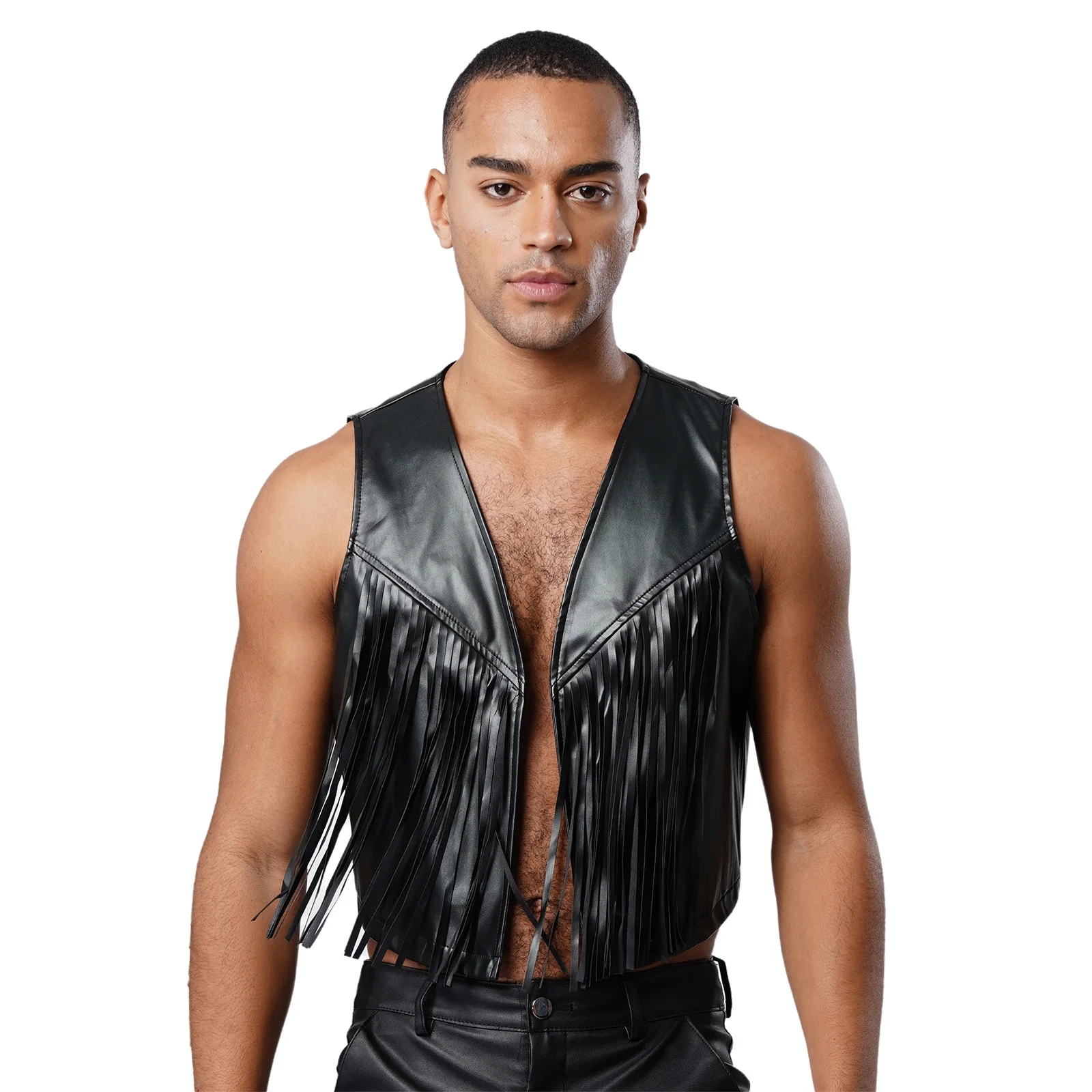 Męski strój kowbojski w stylu western, kostium cosplay, vintage lata 70., kamizelka z frędzlami, kurtka bez rękawów, otwarta kamizelka, topy bez rękawów, krótkie topy