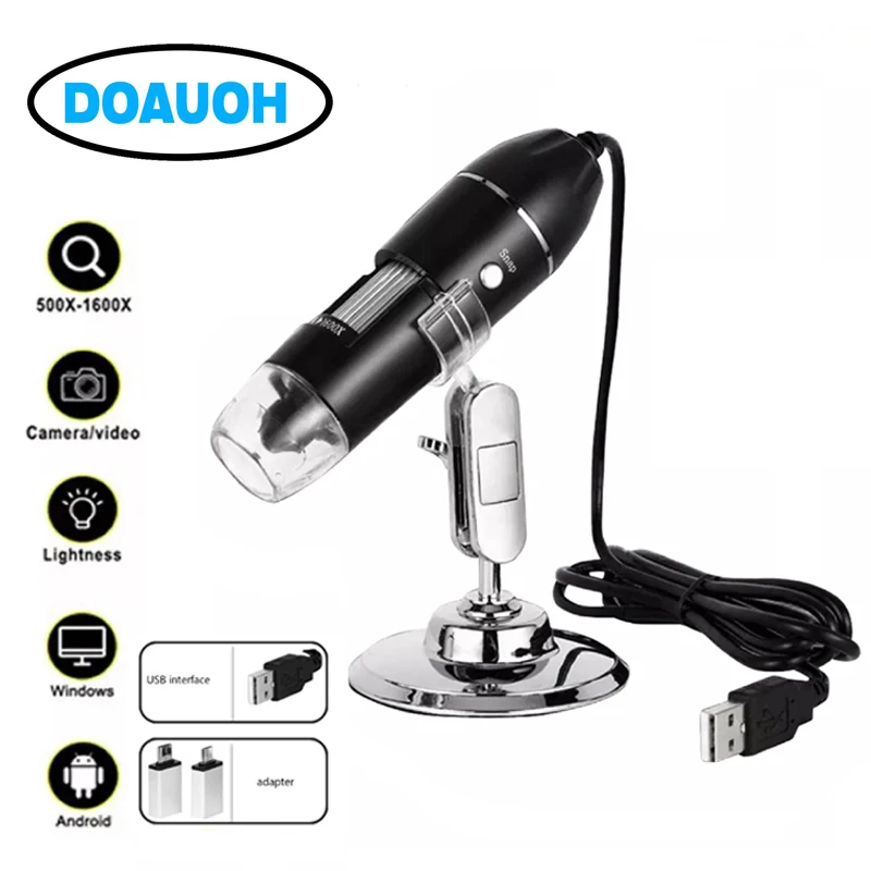 

3-in-1 Digital Microscope 1600X Portable 2Adapters Support OSX for Windows PC Type-C Micro-USB Phone USB Magnifier with 8LED