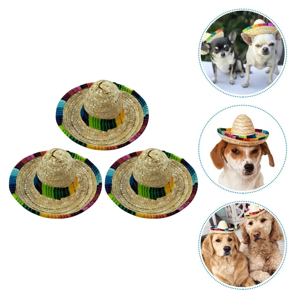 

3Pcs Adjustable Mexico Straw Pet Hat Puppy Dog Headdress Decorative Birthday Party Hats for Cats Puppy Straw Hat