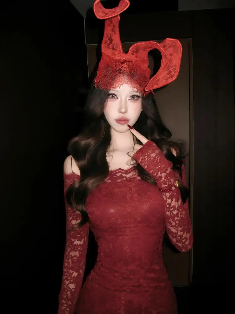 

Хэллоуин Косплей Красный Длинный Свек Одно плечо Кружева Bodycon Dr Сексуальное Pure Desire Женская юбка Faion ort Sle Par Dr