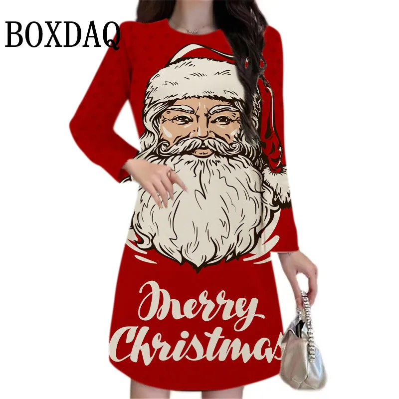 Autumn Winter Women Merry Christmas A-Line Dress Fashion Cute Casual Long Sleeve Cartoon Santa Claus Printed Clothing Streetwear