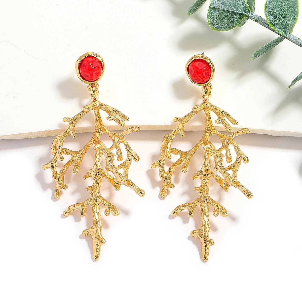 Girlgo 2025 جديد ZAA 2 قطعة أقراط حجر المرجان المرجان قطرة استرخى أقراط الصدأ برهان معدن الذهب اللون موضة شخصية مجوهرات #5