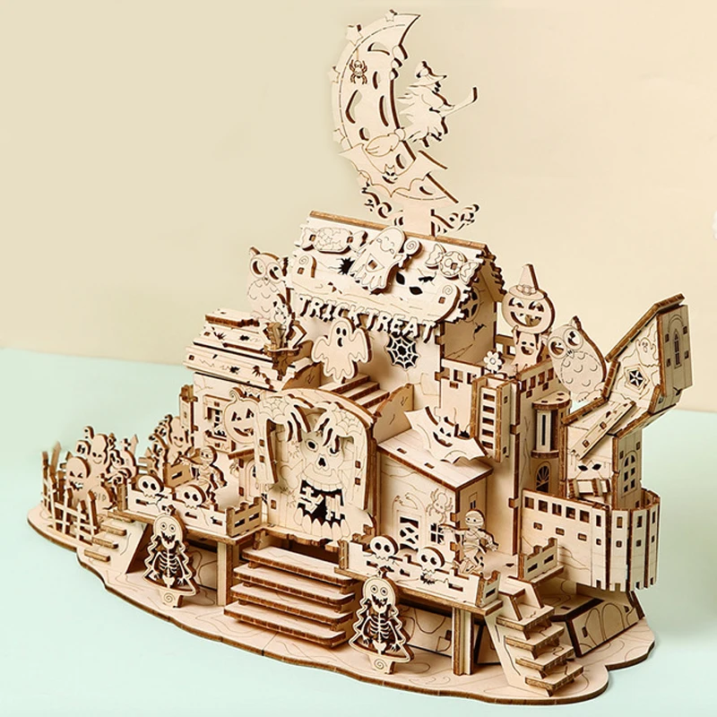 3D Halloween Geisterhaus Holzpuzzle Geisterbaum mit Licht DIY Modellbausatz Schreibtischdekoration Spielzeug Geschenk für Kinder und Erwachsene