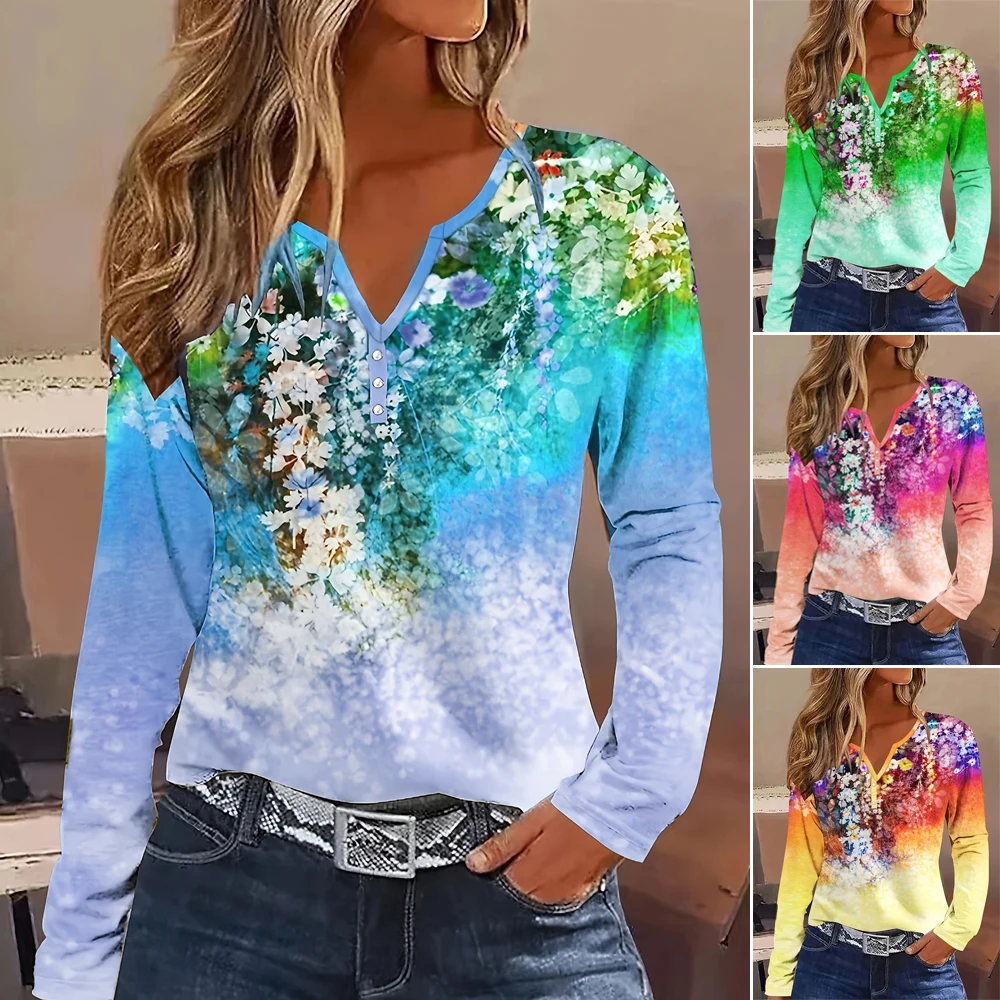 Autumn Stylish Floral Print V-Neck Button T-Shirt Women Green Spring Casual Long Sleeve Tees Vintage Streetwear Everyday Top