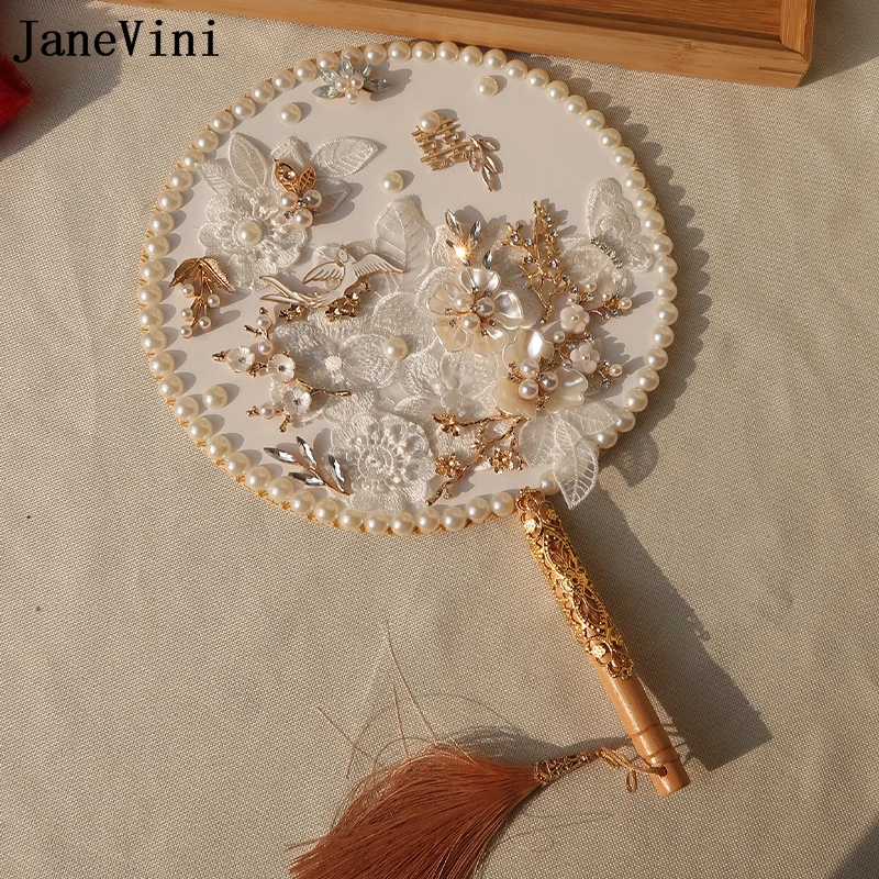 JaneVini Luxury Pearls Chinese Style Bridal Fan Wedding Bouquet Handmade White Lace Flowers Gold Floral Classic Bride Hand Fan