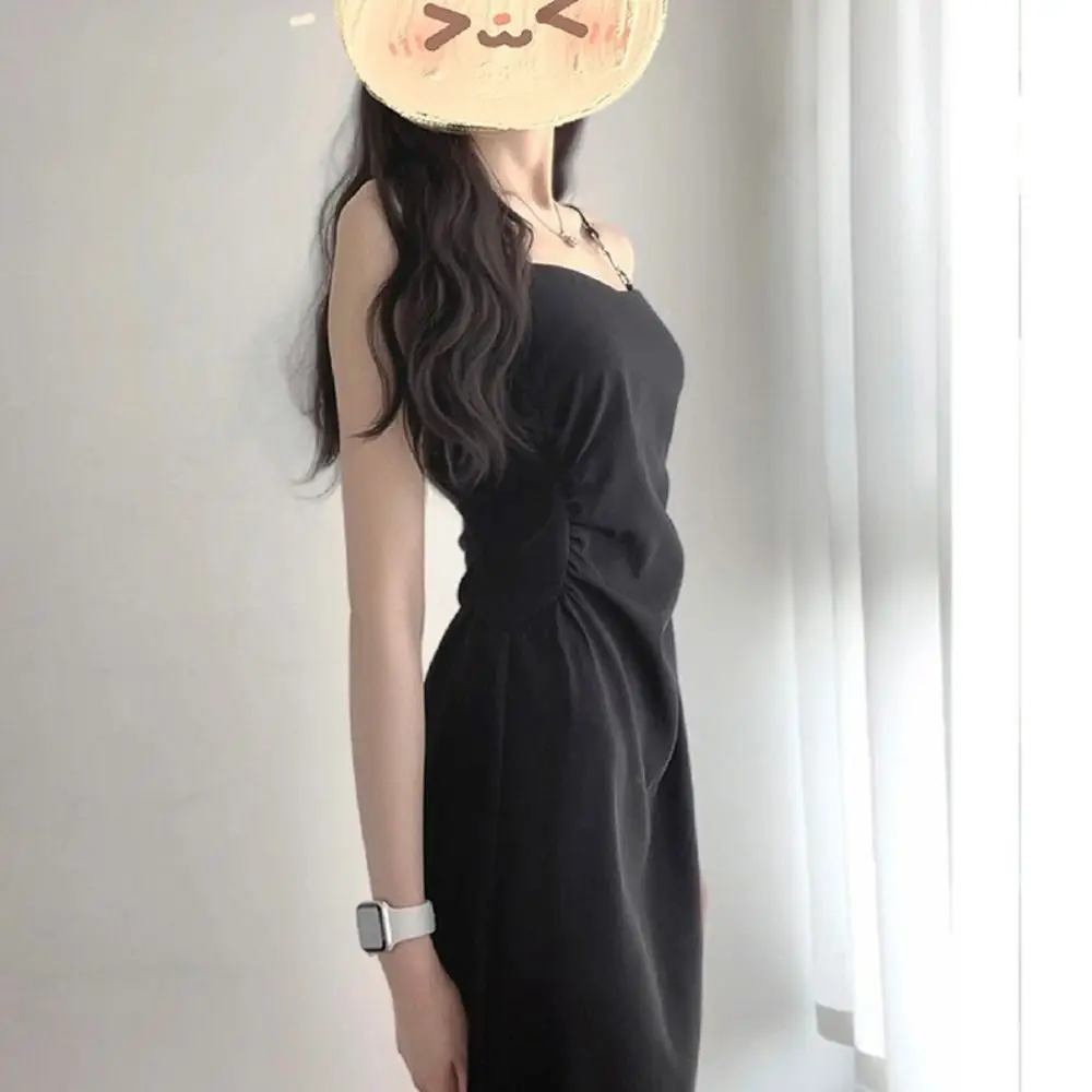 Elegant French Style Spaghetti Dress Black Mid-Length Long Bodycon Dress Summer Style Slim-fit Camisole Dress