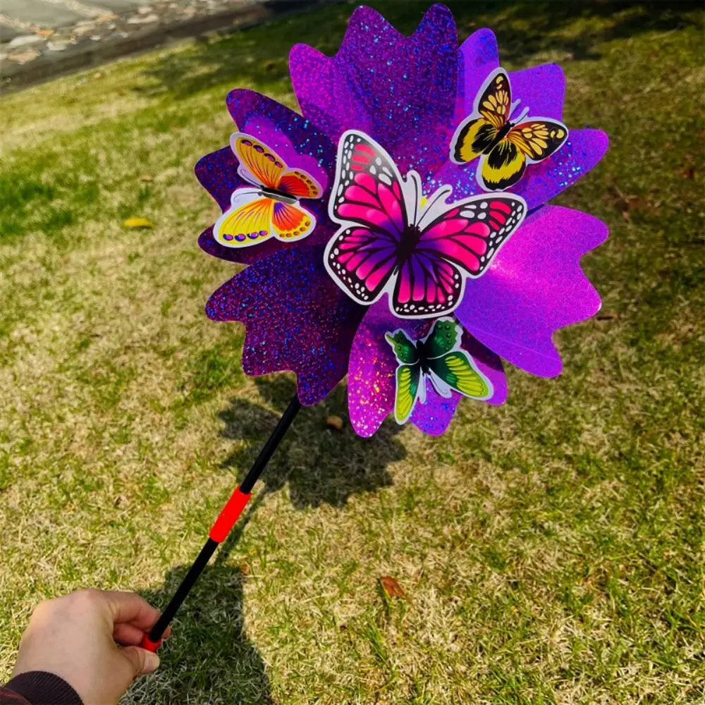 Multiestilos dos desenhos animados pétala moinho de vento colorido glitter 3d borboleta dança em pé gramado flor pvc diâmetro 24cm