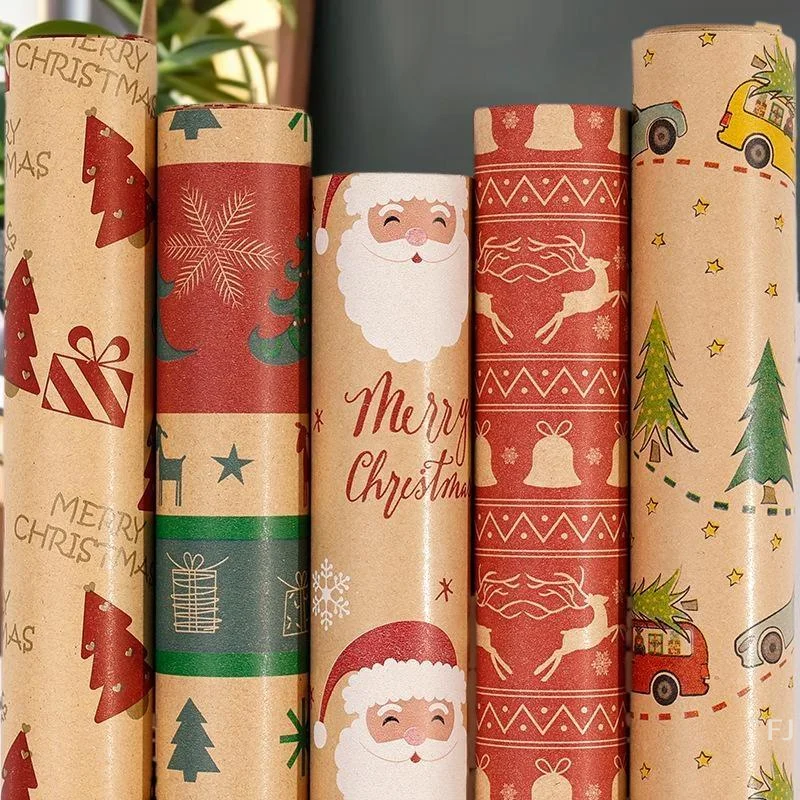 لفة ورق كرافت للعطلات بتصميم ندفة الثلج والشجرة، مثالية لتغليف الهدايا أثناء عيد الميلاد #6