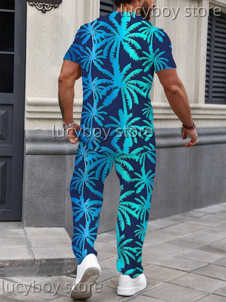 

Men's Two Piece Coconut tree Printed Suit Mens Sport Hawaii Vacation Short Sleeve + Trousers 2Piece Suit men Fashion tracksuit