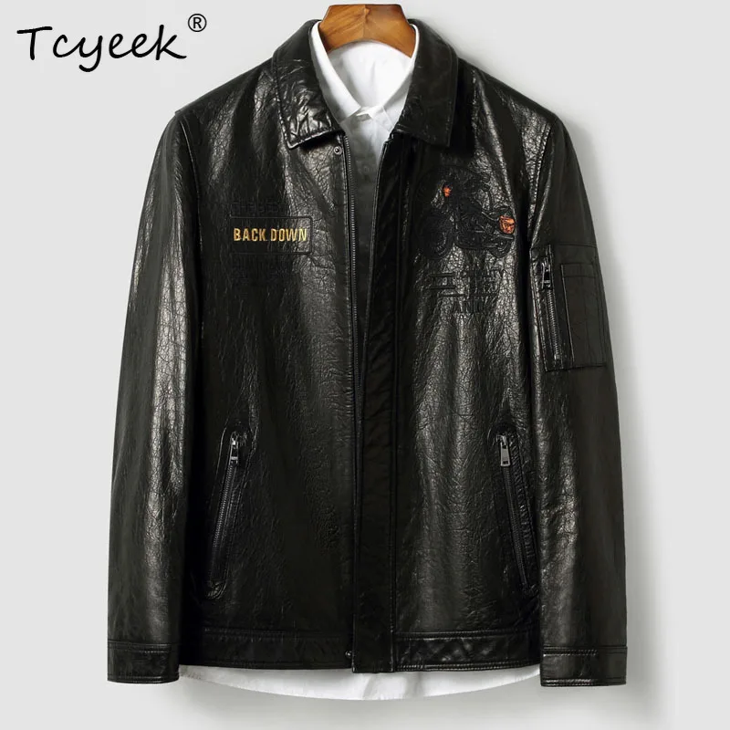 

Tcyeek Natural Cowhide Real Leather Jacket Men Autumn Clothes Oil Wax Motocycle Jackets Biker Trendy Embroidery Jaqueta De Couro