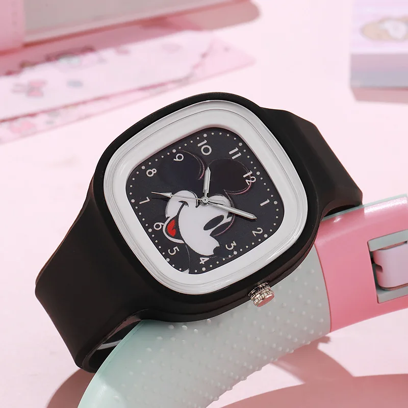 Fashion Blue Mickey Children Watches for Boy Pink Large Square Dial Minnie Women Girls Watch for Kids Students Quartz Clock