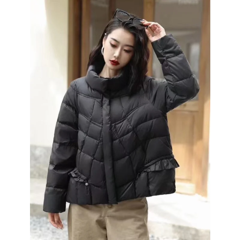 Chaqueta corta de plumón para mujer, versión coreana del cuello de moda, oreja de borde de madera, chaqueta holgada cálida para primavera y otoño, nueva