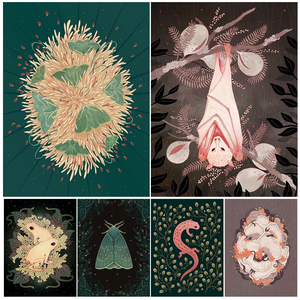 

Emerald Moth,Fruit Bat,Golden Frogs,Spotted Salamander,Vintage Wall Art Print Surreal Mysterious Animal Art Poster Print Decor
