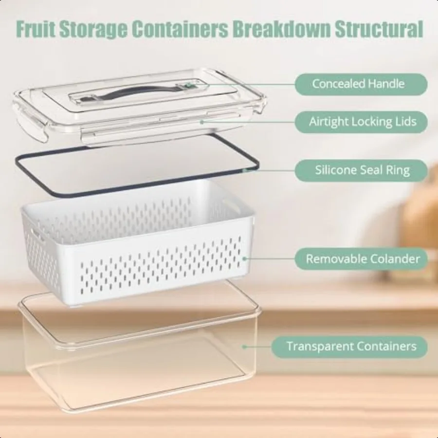 5 Pcs Fruit Storage Containers For Fridge with Removable Colander and Handle Lid Refrigerator Organizers and Storage Airtight C