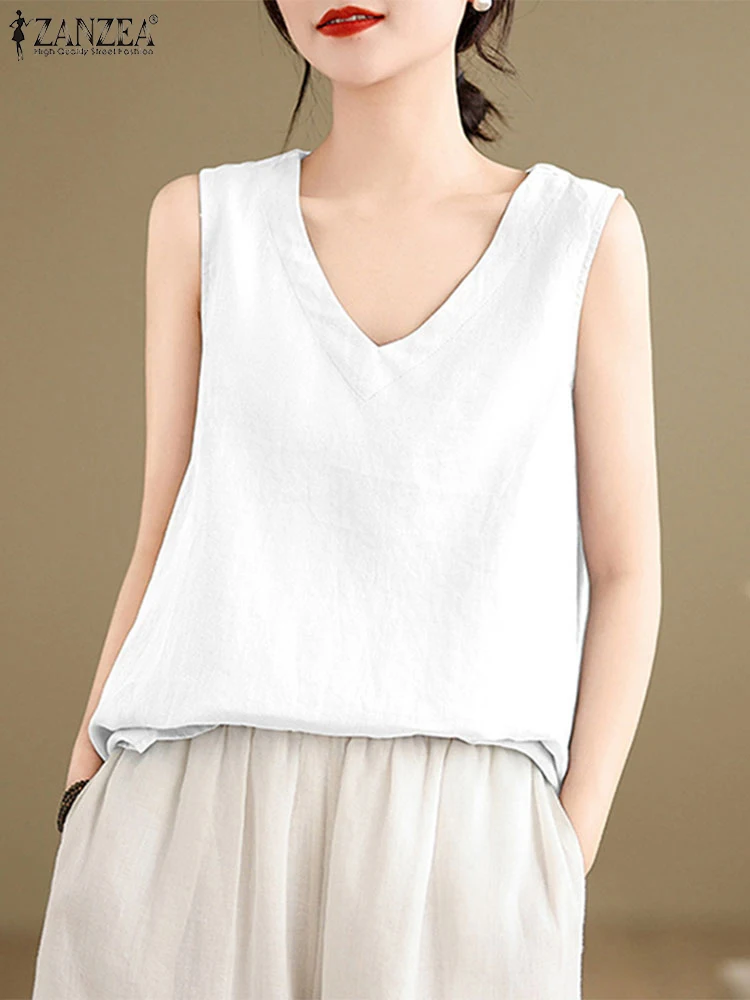 ZANZEA Elegant Women Tanks Tops Summer V Neck Sleeveless OL Work Blouse Fashion Casual Solid Shirt Loose Cotton Blusas Camis