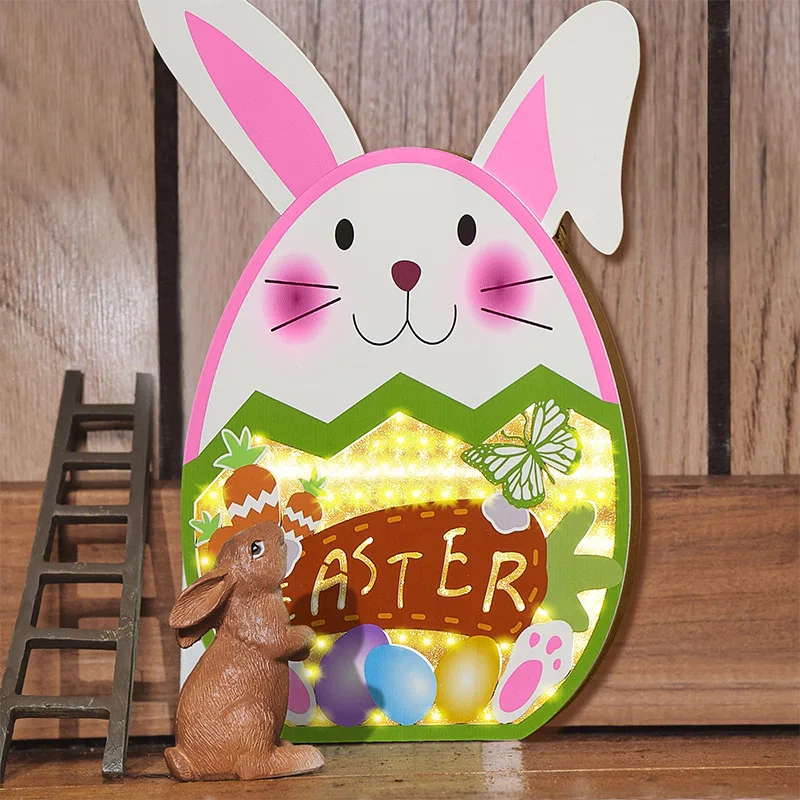 

Wooden Easter Table Ornament Lights Led Glowing Easter Bunny Eggs Home Decorations Rabbit Door Tag Pendant Accessories Prop